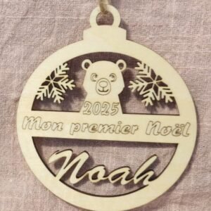 🐻 Boule de Noël Personnalisée en Bois - Souvenir "Mon Premier Noël"